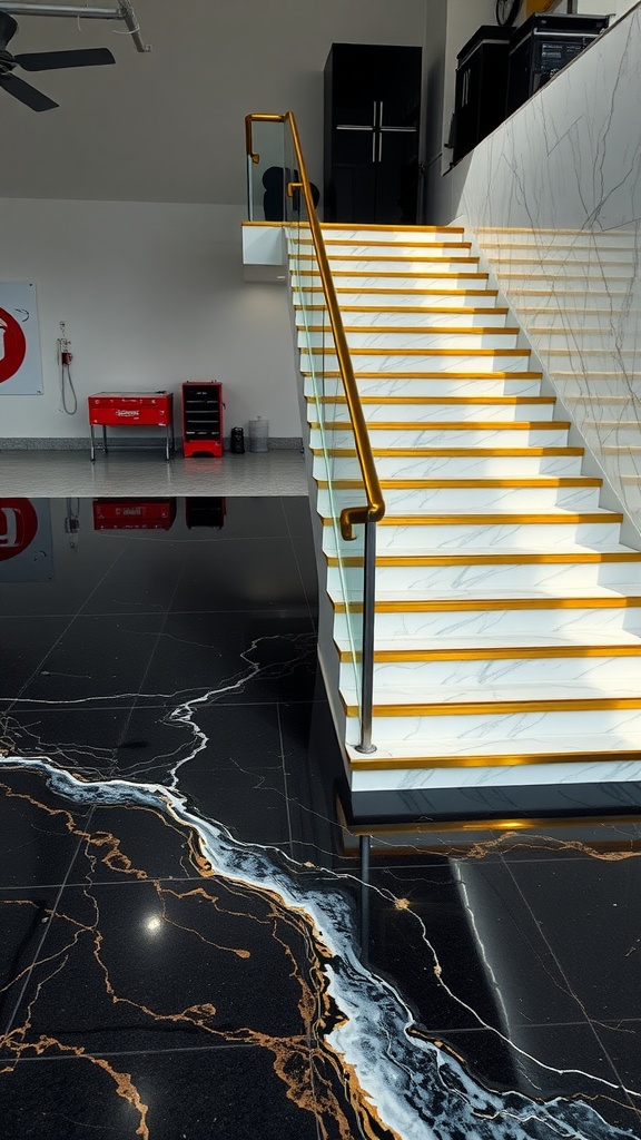 A modern staircase with white and gold marble epoxy flooring leading to a garage with glossy black epoxy floor.
