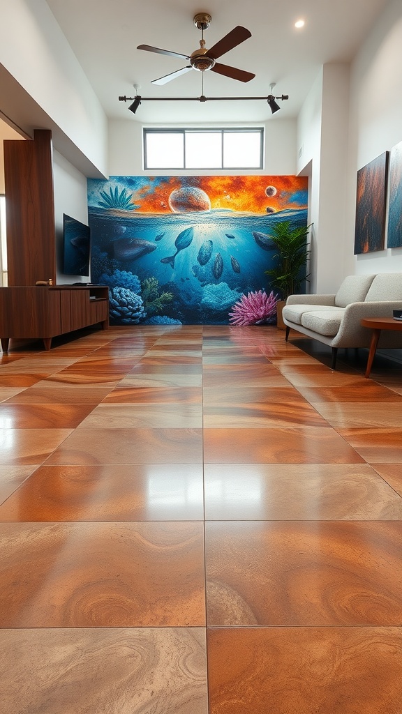A modern room featuring retro epoxy flooring with a shiny, stained look and a vibrant mural on the wall.