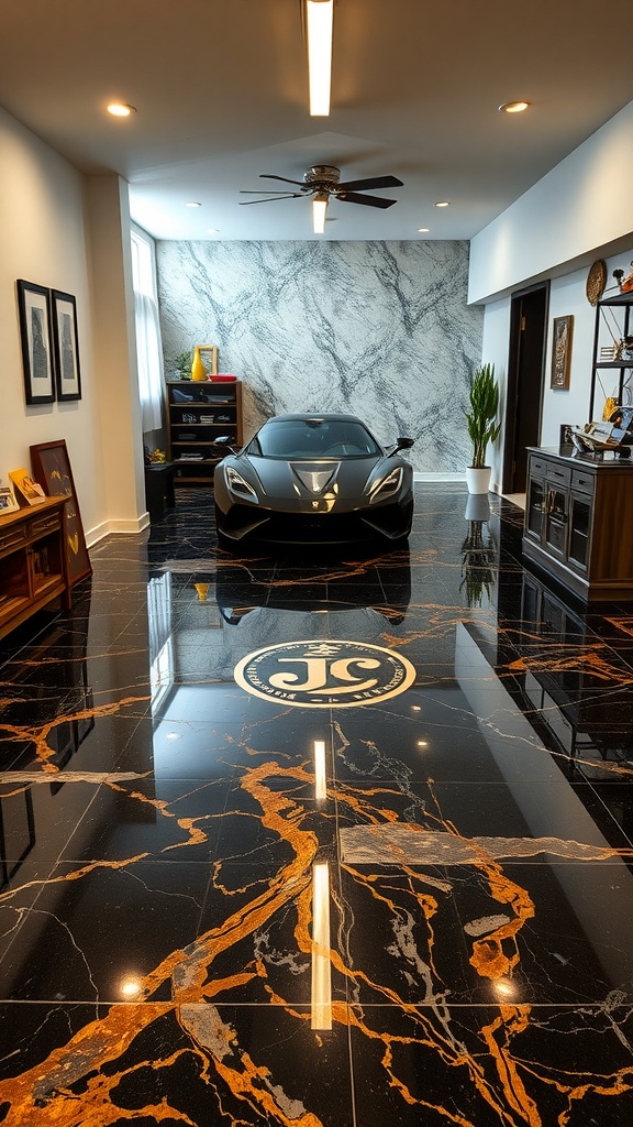 Luxurious retro-style epoxy flooring with black and orange marble effect, featuring a sports car in an elegant interior space