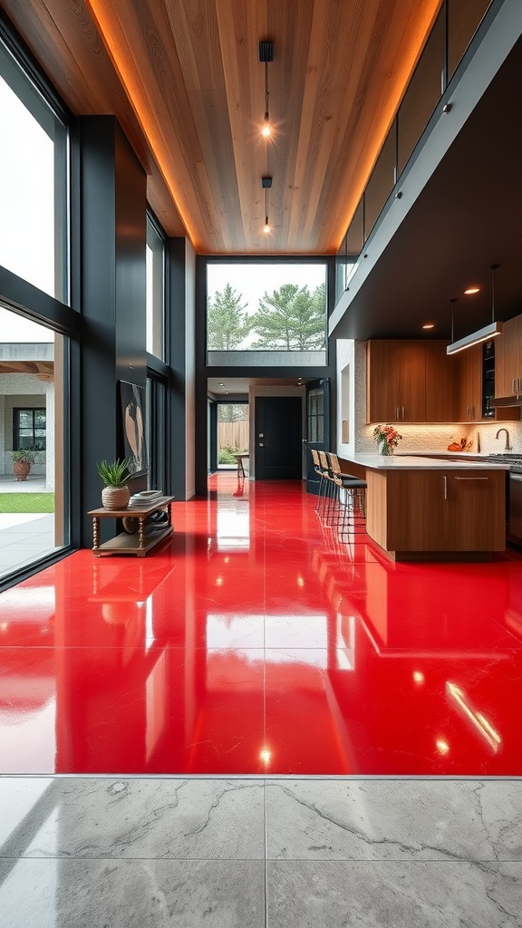A modern kitchen with a vibrant red epoxy floor, featuring wooden accents and large windows.