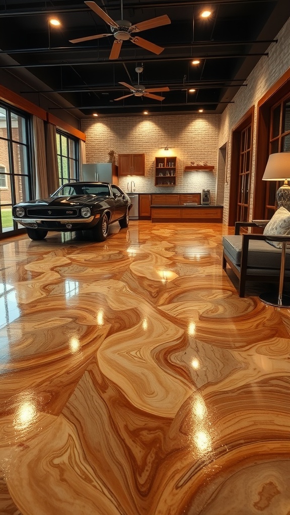A stylish living space featuring a retro patterned metallic epoxy floor with a classic car.