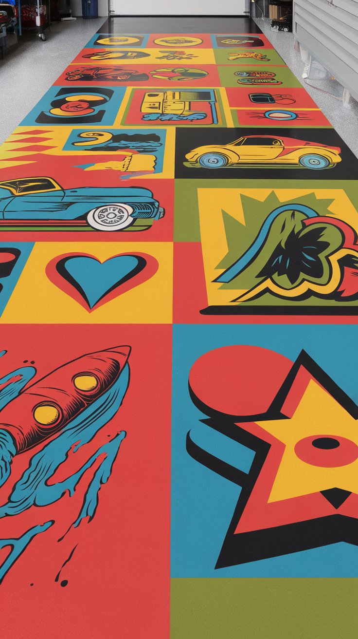 A colorful retro pop art style epoxy floor design featuring various graphics and patterns.