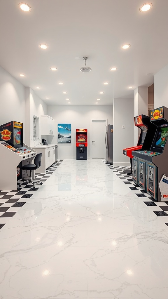 A stylish game room with a checkerboard epoxy floor featuring white and black tiles, arcade machines, and modern decor.