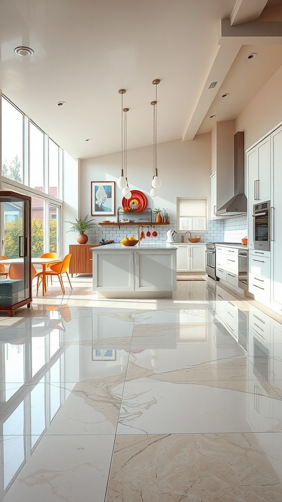 Modern kitchen with glossy epoxy floor and colorful accents, blending retro and contemporary styles.