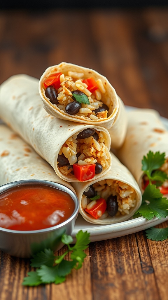 Rice and Bean Burritos with salsa and garnish