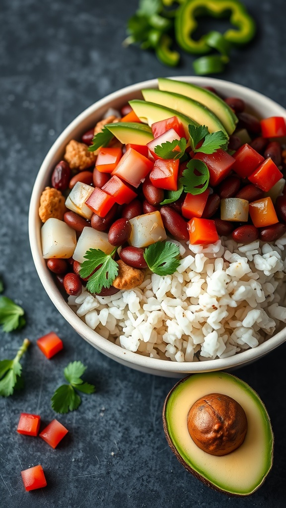 A colorful and nutritious rice and beans bowl topped with avocado and fresh vegetables.