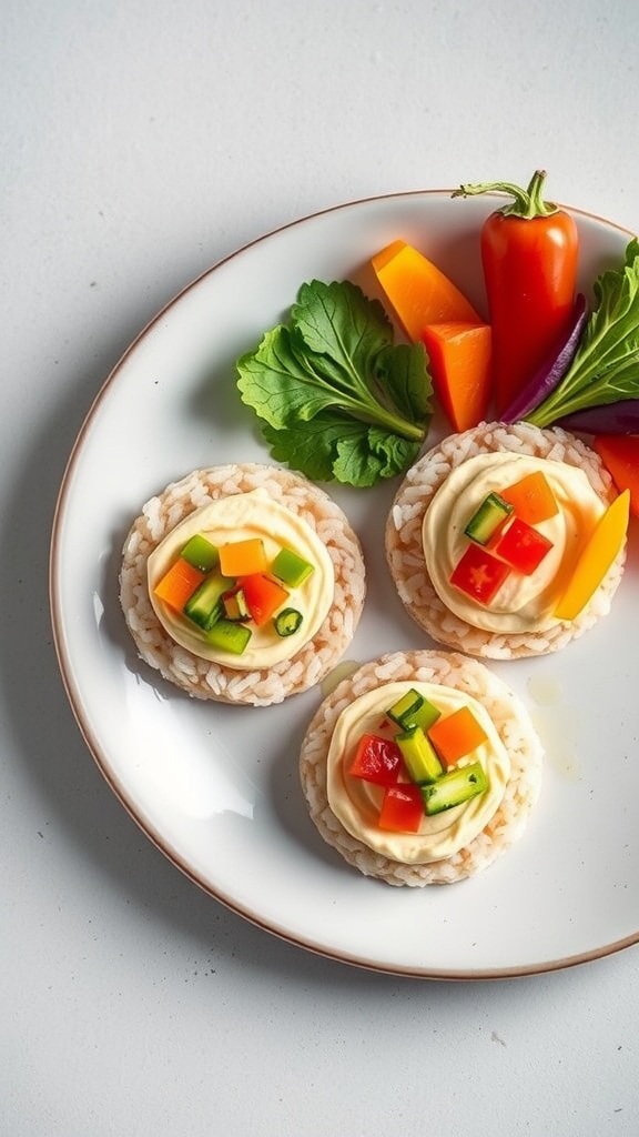 Rice cakes topped with hummus and assorted fresh vegetables.