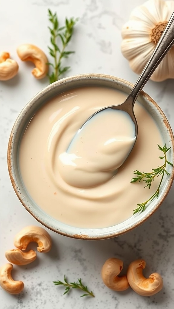 Creamy vegan sauce in a bowl with cashews and garlic