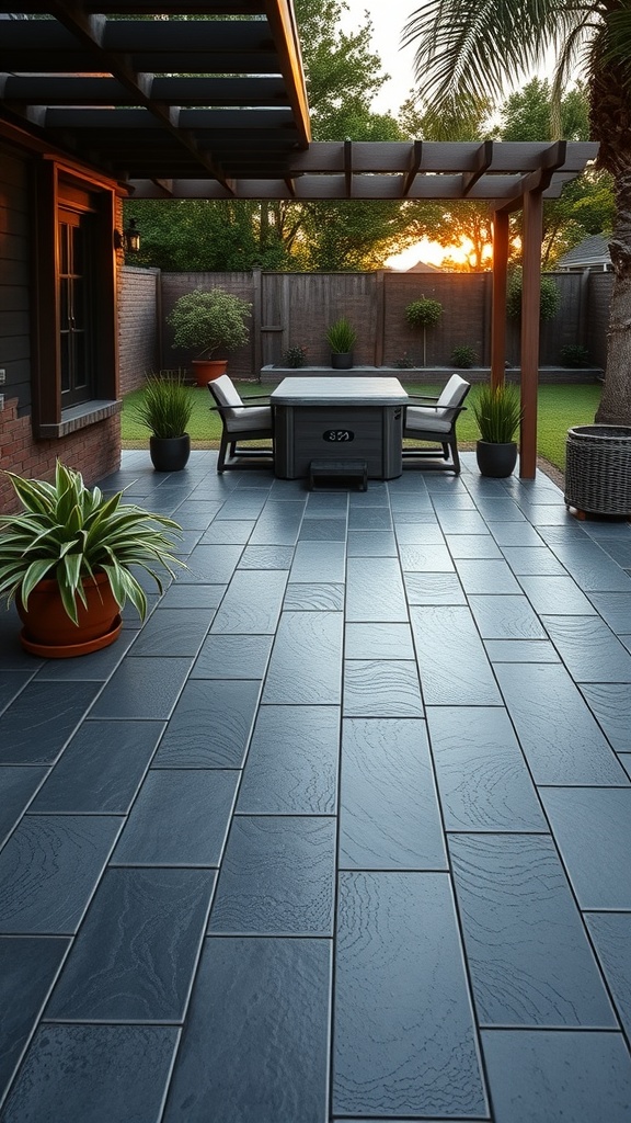 A beautiful outdoor patio with rich burgundy epoxy flooring, surrounded by plants and a cozy seating area.