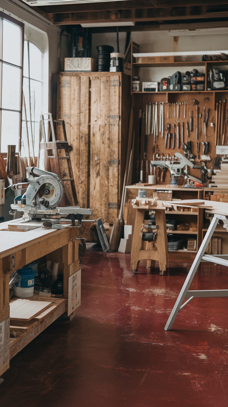 A workshop with a rich burgundy red epoxy floor, tools, and wooden storage.