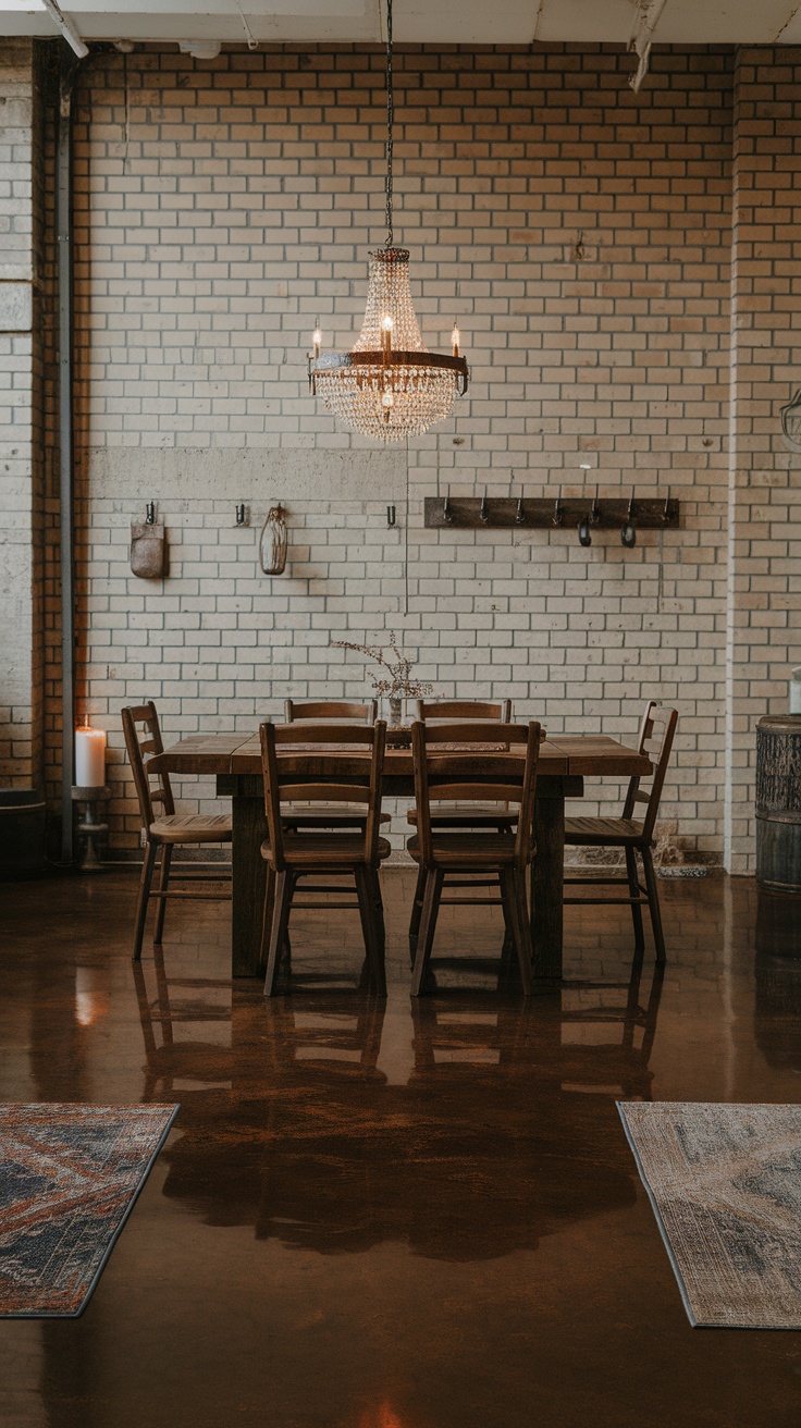 Rich chocolate brown epoxy floor in a stylish dining area with wooden chairs and a chandelier.