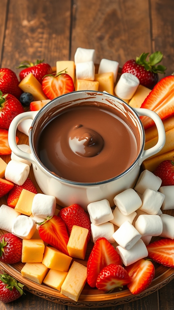 Rich chocolate fondue served with fresh fruits and marshmallows