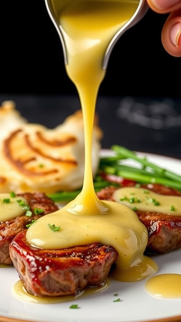 Garlic butter sauce drizzling over steak bites and potatoes
