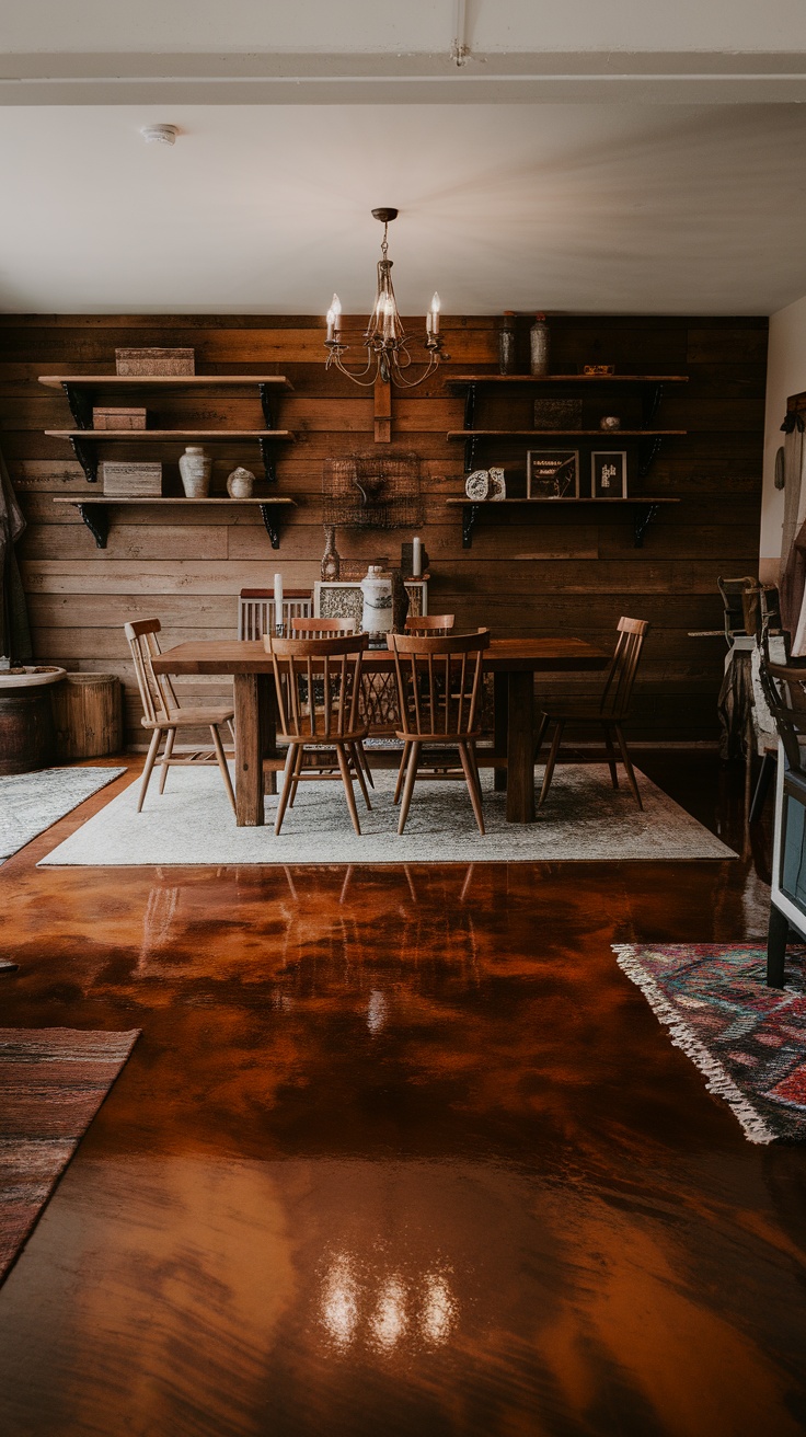 Interior space featuring rich mahogany brown epoxy flooring, wooden dining table, and rustic decor.