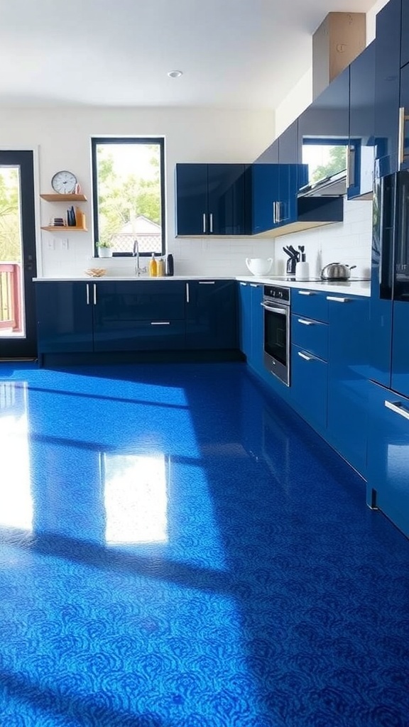 A modern kitchen with rich sapphire blue epoxy flooring and matching blue cabinets