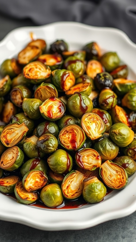 A plate of roasted Brussels sprouts with balsamic glaze, showcasing their crispy texture and golden-brown edges.