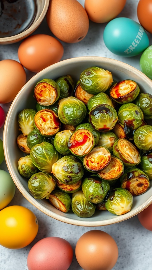 Roasted Brussels sprouts in a bowl with colorful Easter eggs around them