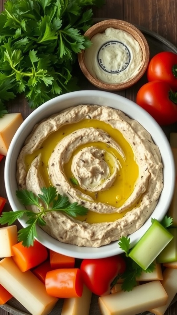 A bowl of creamy roasted eggplant baba ganoush with a drizzle of olive oil, surrounded by fresh vegetables.