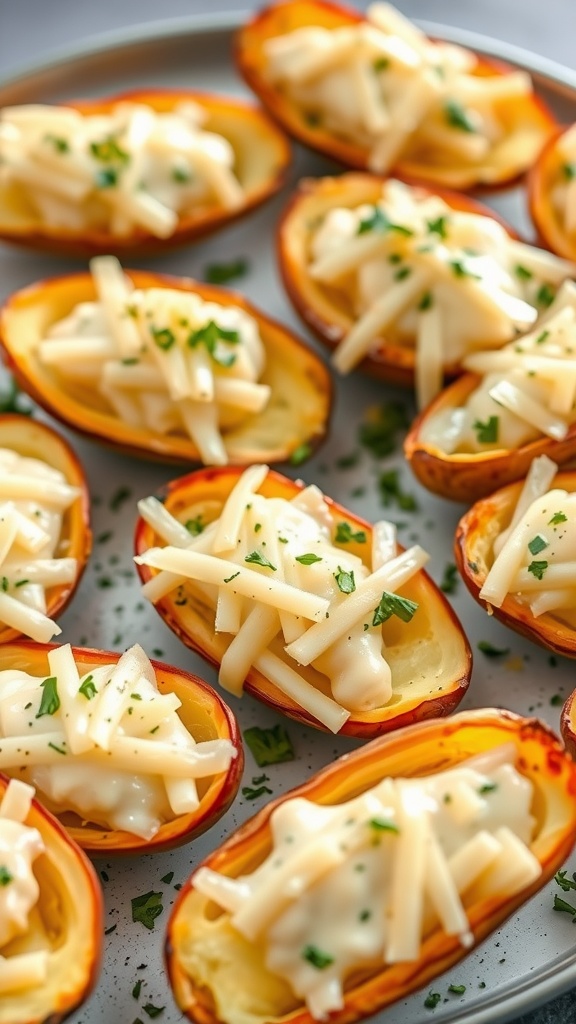 Crispy roasted garlic and herb potato skins topped with cheese and parsley, arranged on a plate.
