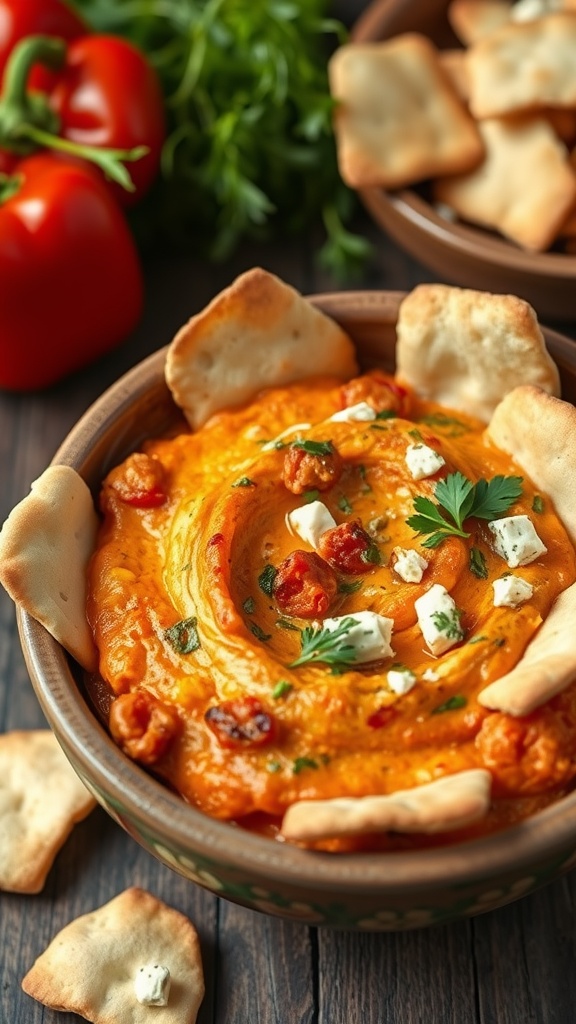 A delicious bowl of roasted red pepper and feta dip garnished with parsley and served with pita chips.