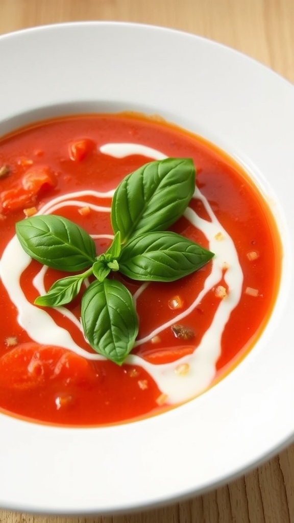 A bowl of creamy roasted red pepper and tomato soup garnished with basil leaves.
