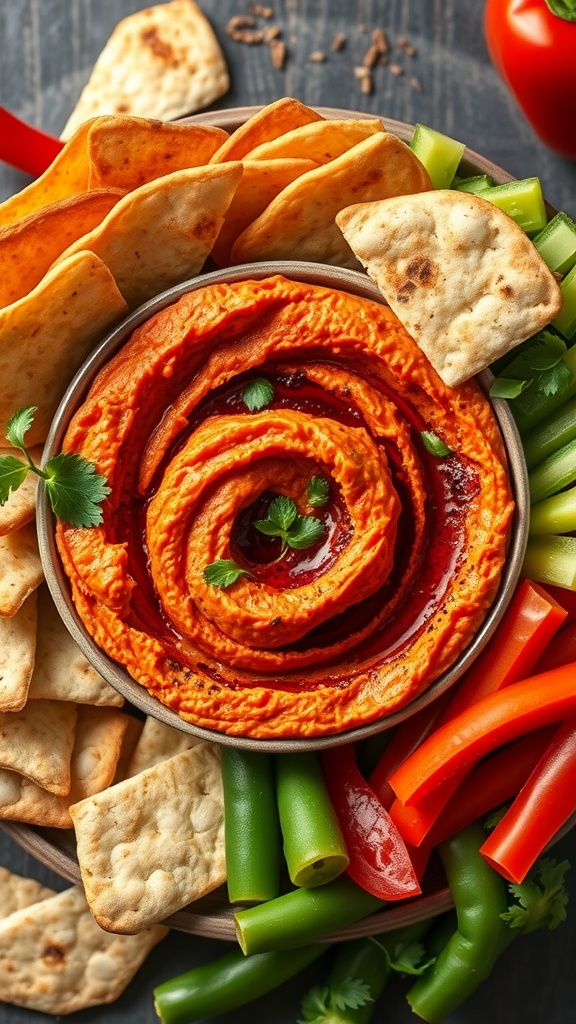 A bowl of roasted red pepper hummus surrounded by pita chips and fresh vegetables