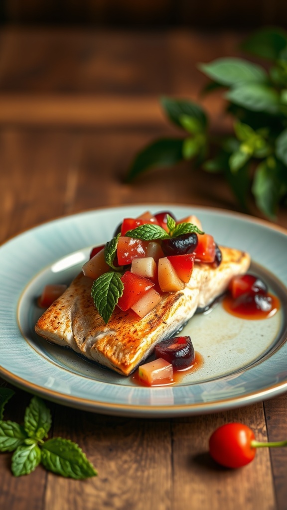 A plated dish of roasted salmon topped with cherry salsa garnished with mint.