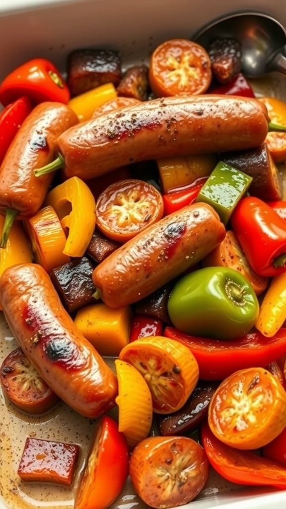 A delicious plate of roasted sausage with colorful bell peppers and onions.