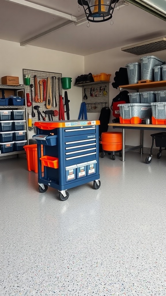 A neat garage with a rolling tool cart, colorful storage bins, and organized shelves on an epoxy floor.