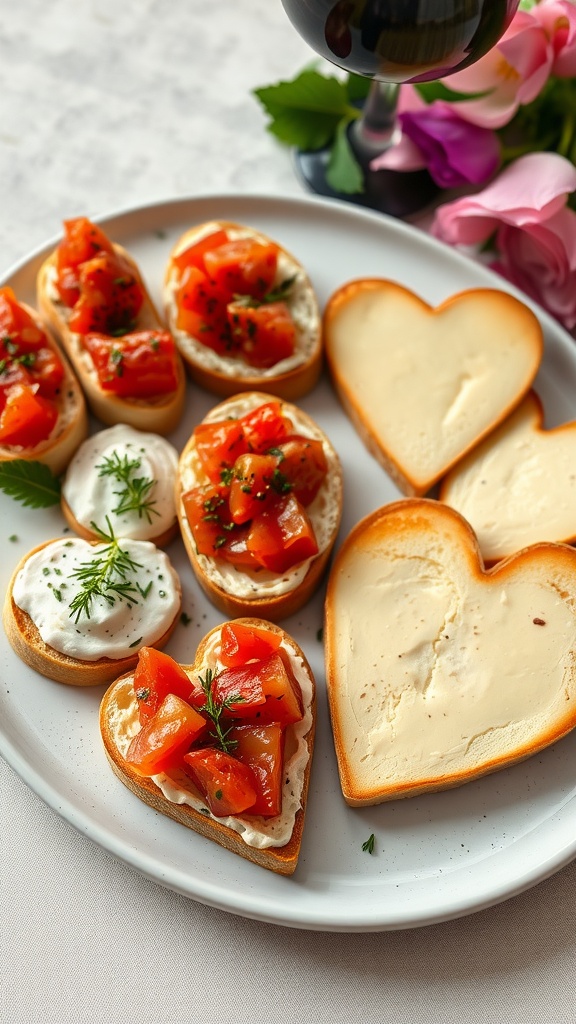 A plate of heart-shaped appetizers with tomato topping and cream cheese