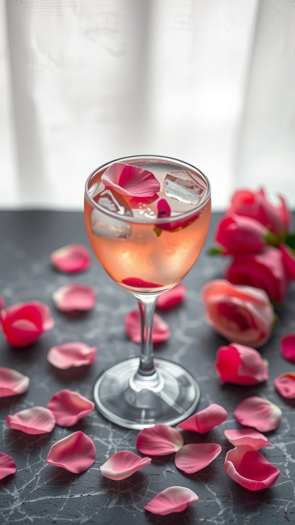 A glass of Rose Petal Cocktail garnished with rose petals, surrounded by scattered petals.