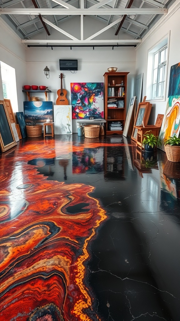 A room featuring a rust blended epoxy floor design with vibrant red and orange patterns against a black background.