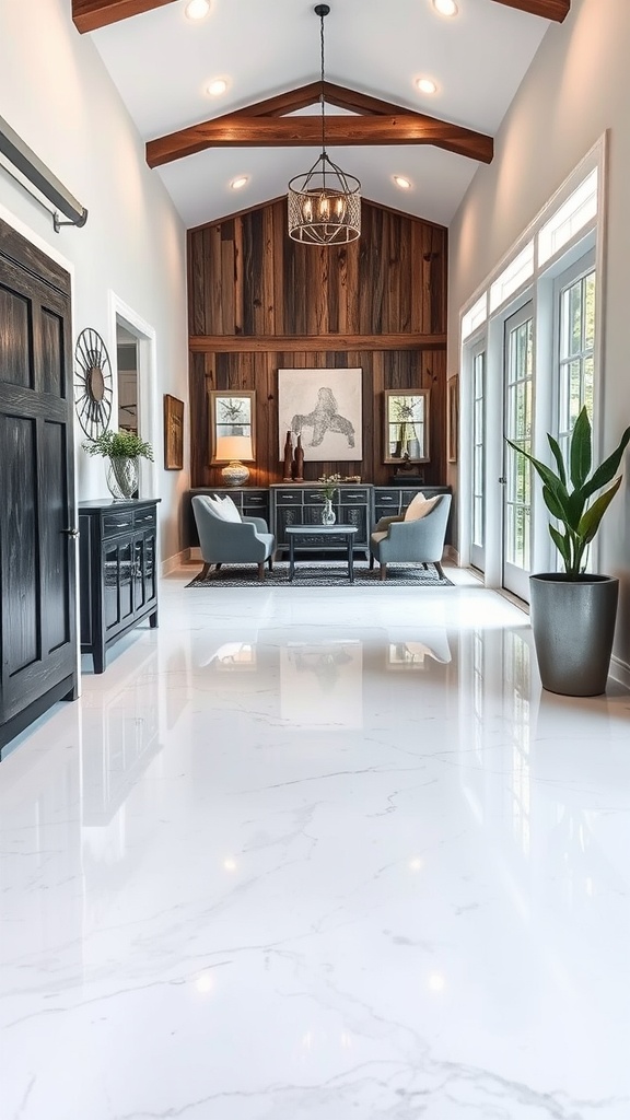 Interior hallway with rustic barn-style wooden accents and a glossy epoxy floor