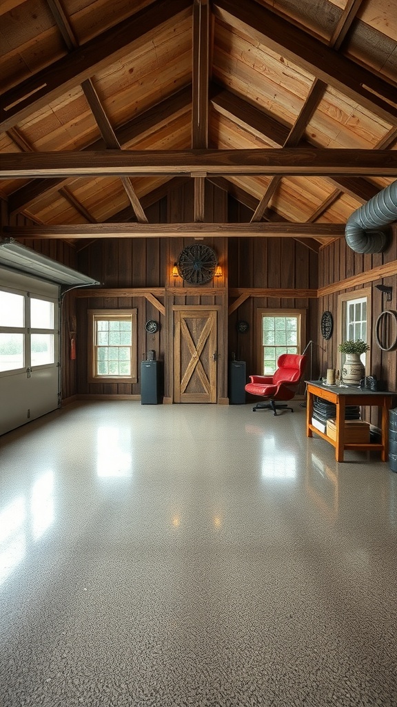 A rustic barn-style garage with polished epoxy flooring and a black car parked inside.