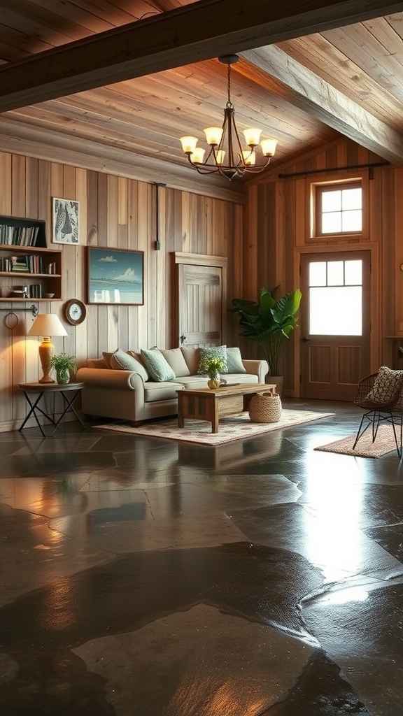A living room with high wooden ceilings and large windows, featuring epoxy flooring that mimics distressed wood, creating a rustic barn aesthetic.