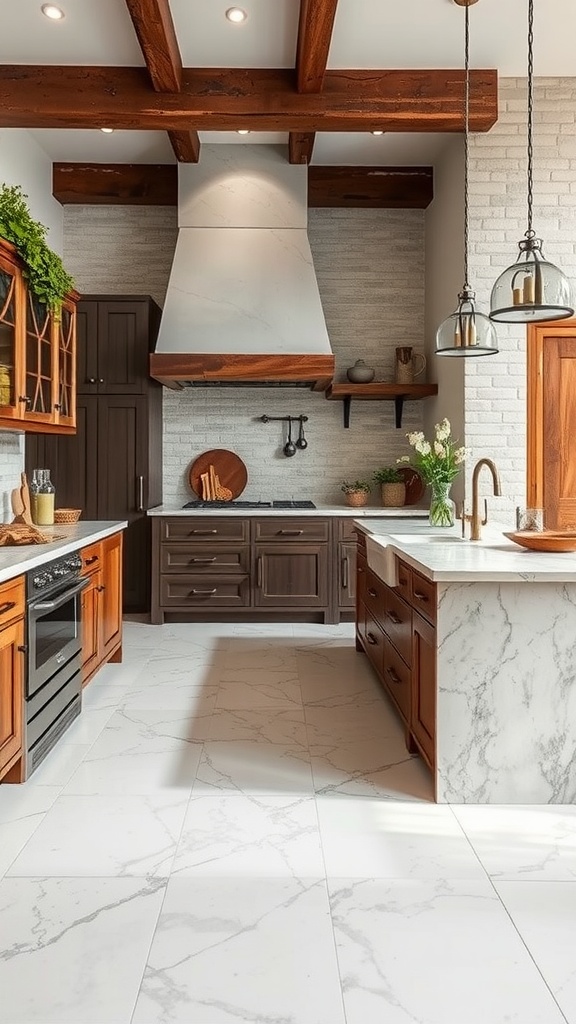 A kitchen featuring rustic barn style epoxy flooring with light wood tones.