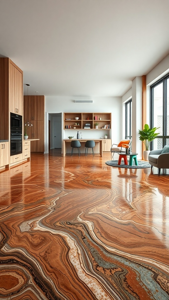Rustic barn wood epoxy floor design in a modern home setting