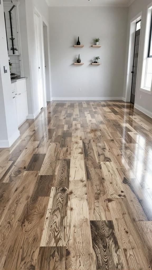 A beautifully finished rustic barn wood epoxy floor in a modern interior setting.