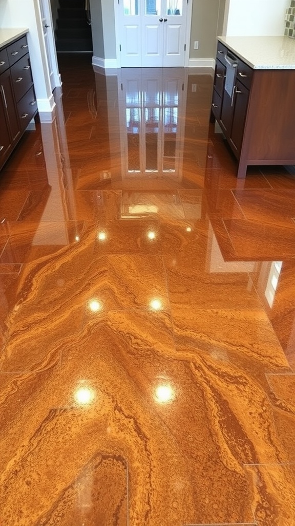 Interior featuring epoxy floors that resemble rustic barn wood, creating a warm and stylish atmosphere.