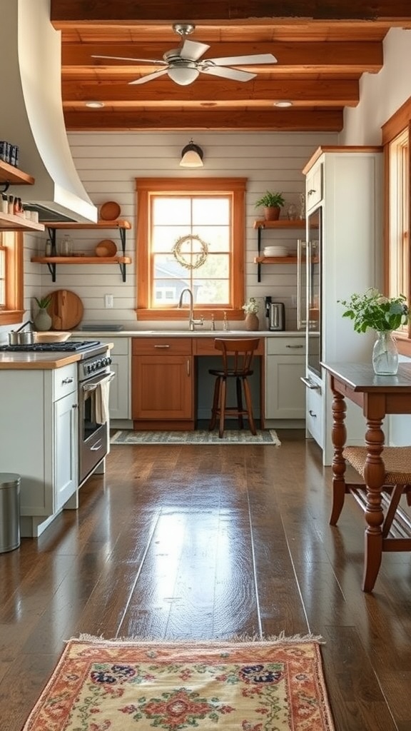 A cozy interior featuring rustic barnwood epoxy flooring with a bathtub and bright natural lighting.