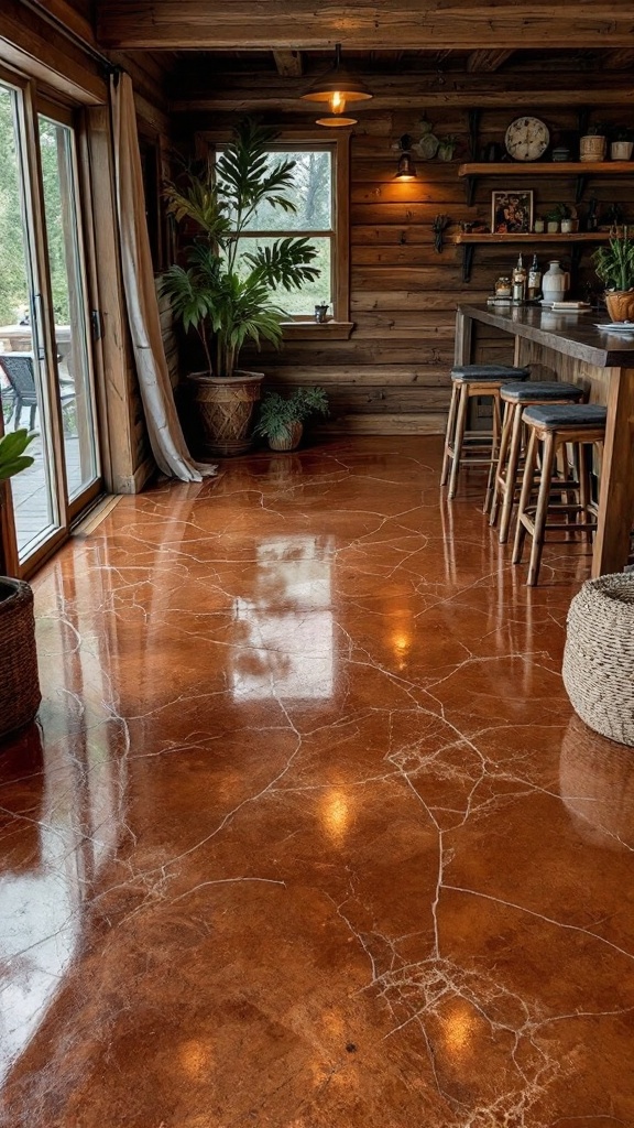 A cozy interior featuring rustic brown and copper tones, highlighting a shiny floor and wooden elements.