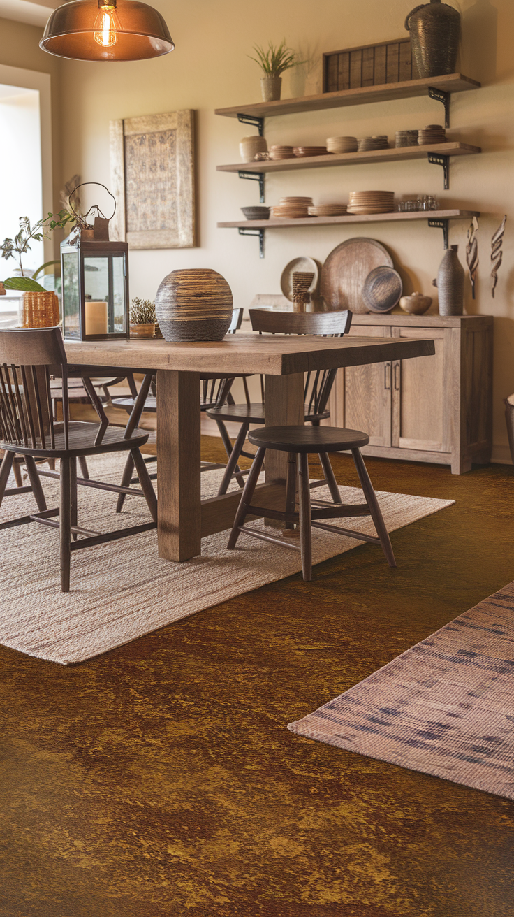 A rustic dining area featuring brown and cream flake textured flooring, wooden furniture, and tasteful decor.