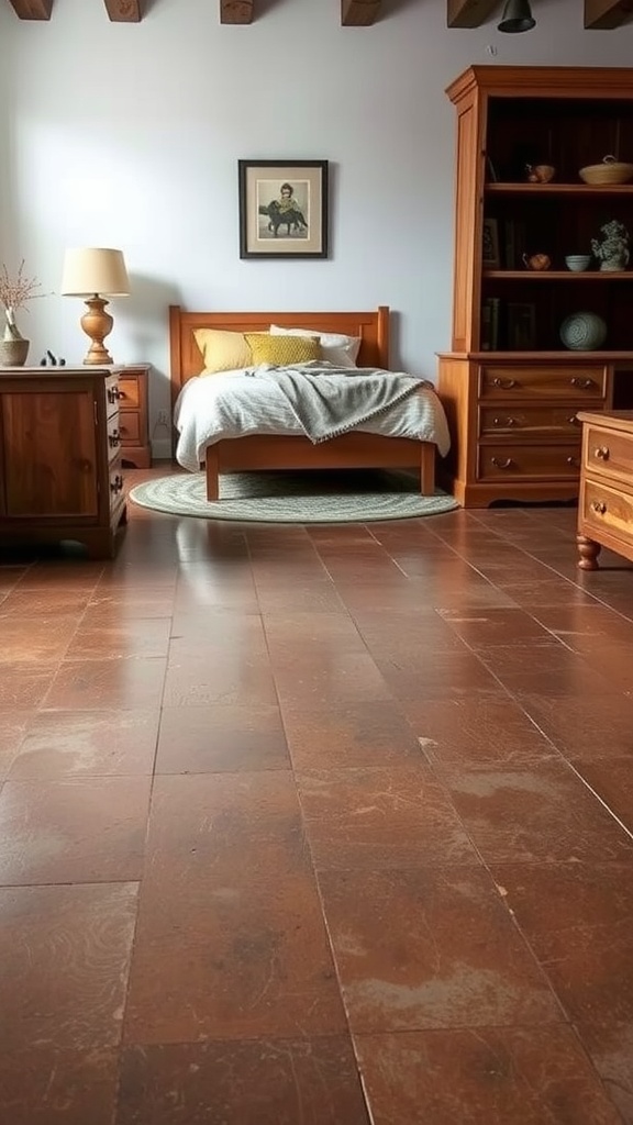 A cozy bedroom featuring rustic brown epoxy flooring and wooden furniture.