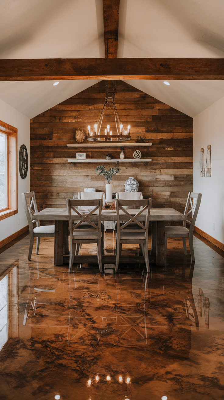Rustic dining area with a brown marble epoxy floor.