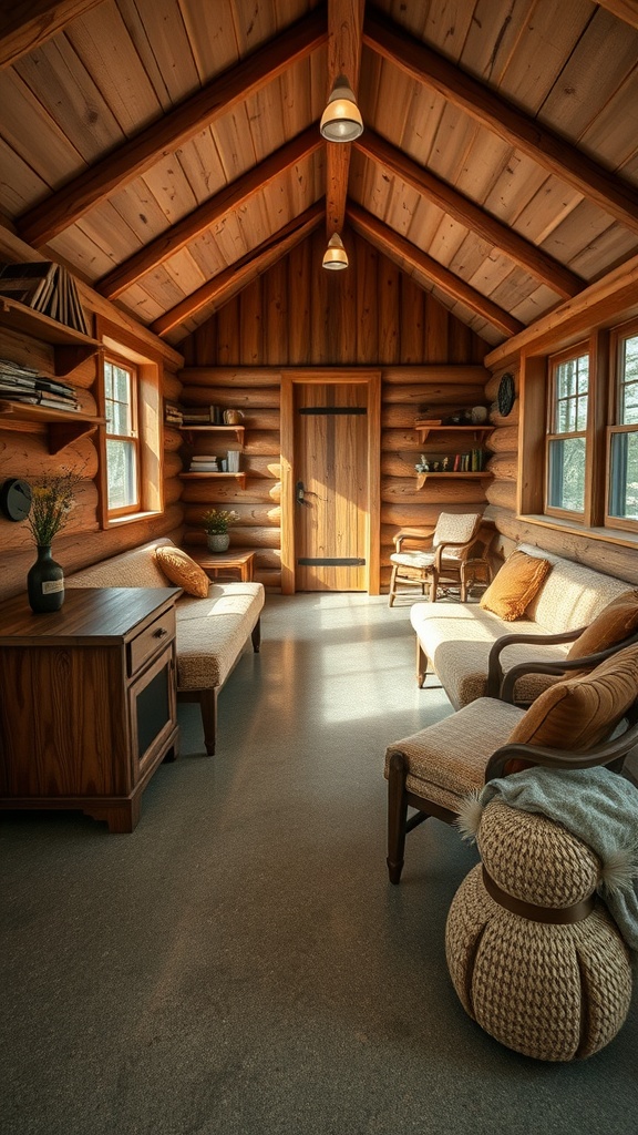 A rustic cabin interior with polished wooden floors and wooden beams, showcasing a cozy atmosphere.
