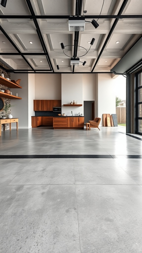 A spacious room featuring rustic cement textures with polished concrete flooring and wooden furniture, showcasing modern home design.