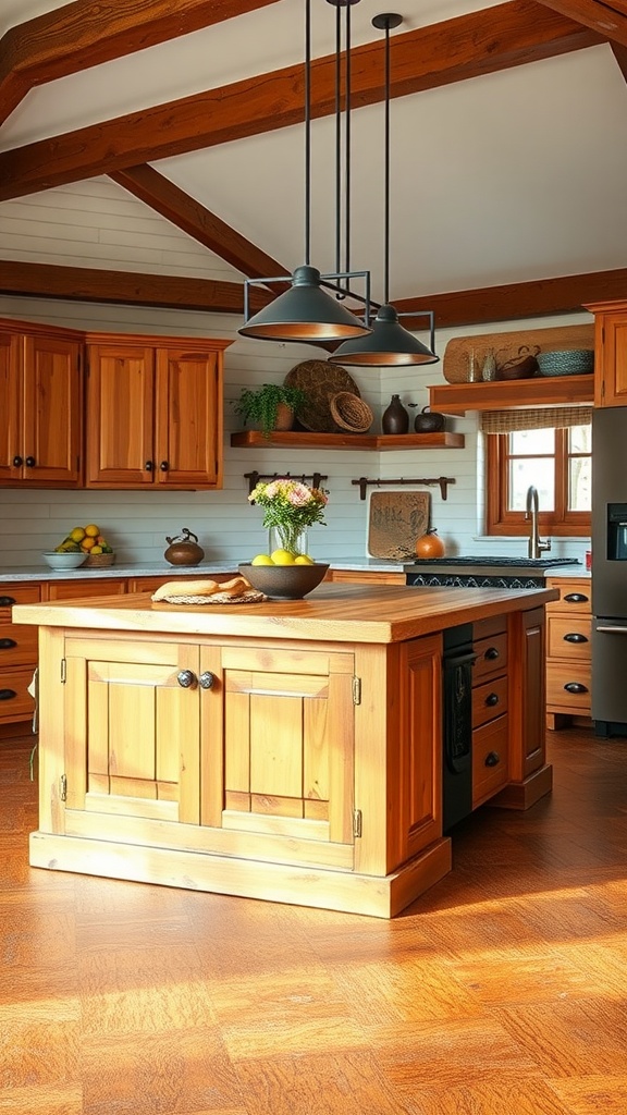 A rustic kitchen featuring a wood island table with an epoxy resin river design, complemented by a barn-style decor and shiny epoxy floor.