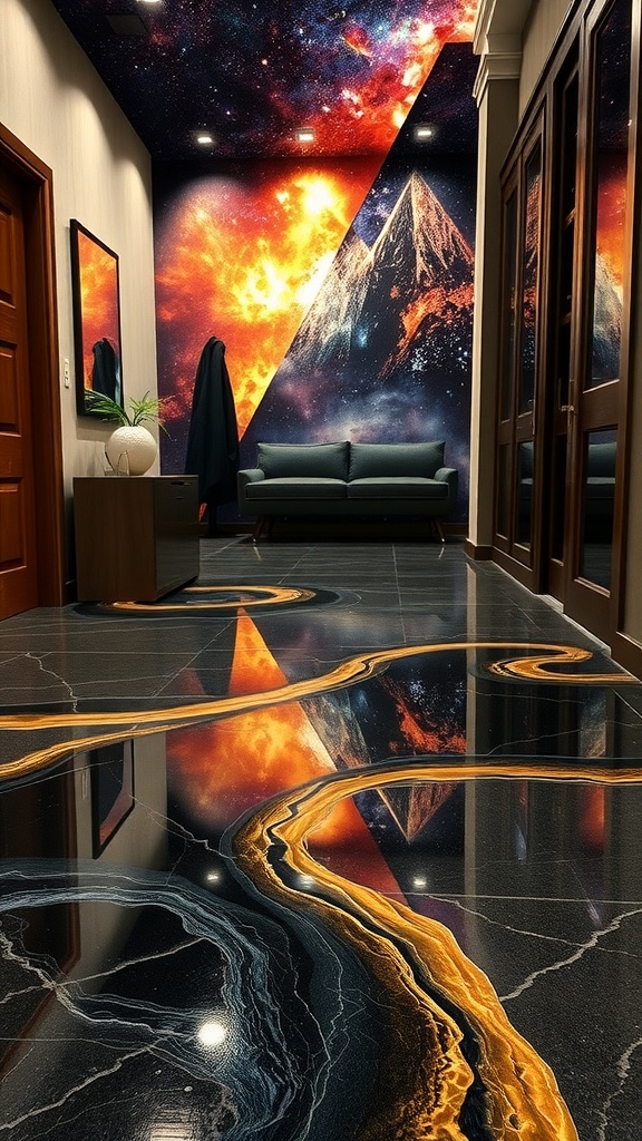 A beautifully designed epoxy floor with a concrete look, showcasing rustic charm and durability.