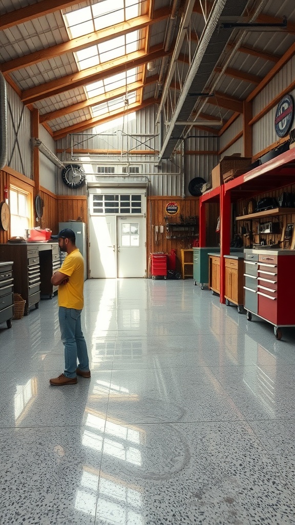 A bright and spacious metal shop interior showcasing high-gloss epoxy flooring and rustic wooden accents.