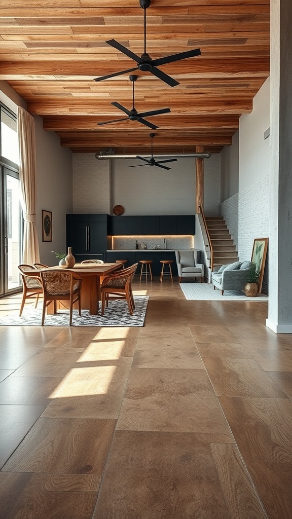 A modern interior dining area with epoxy flooring that resembles reclaimed wood, featuring wooden ceiling beams and stylish furniture.
